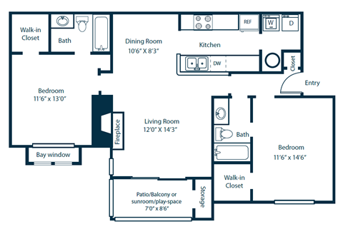 Floor plan for 2 beds, 2 baths, 1105 sqft